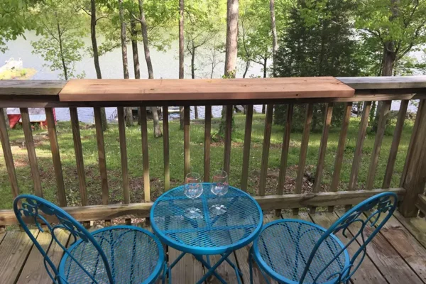 Red Roof Retreats - Little Moon Tiny Lakeside Cabin, exterior seating area, deck overlooking property and lake - Lake of Egypt - Goreville, IL