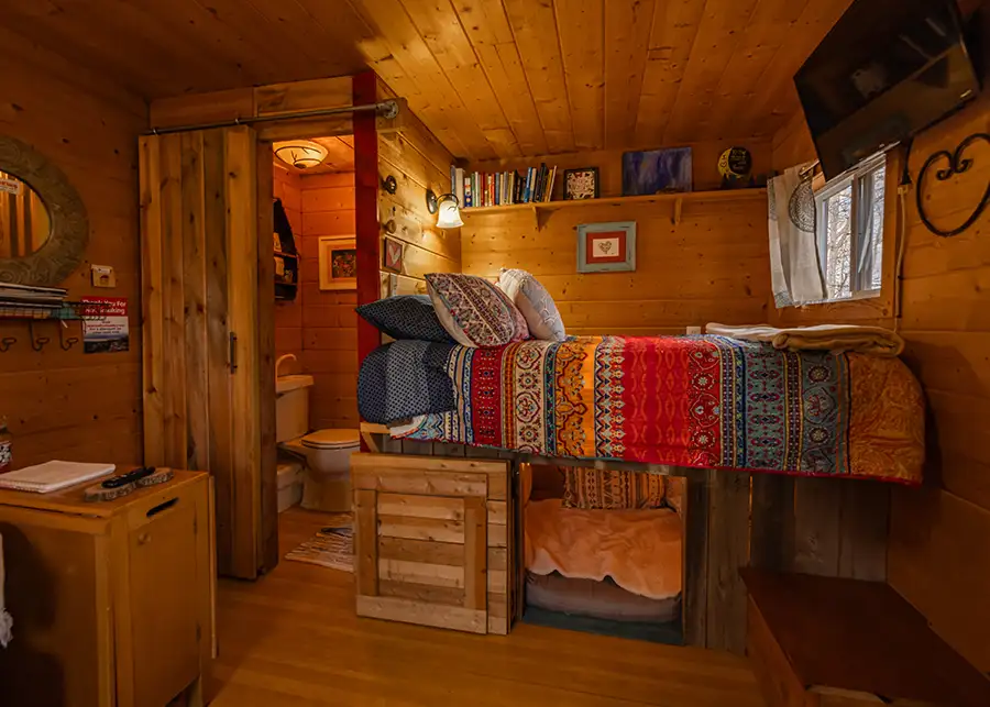 Red Roof Retreats - Little Moon Tiny Lakeside Cabin, interior - lofted bed - Lake of Egypt - Goreville, IL